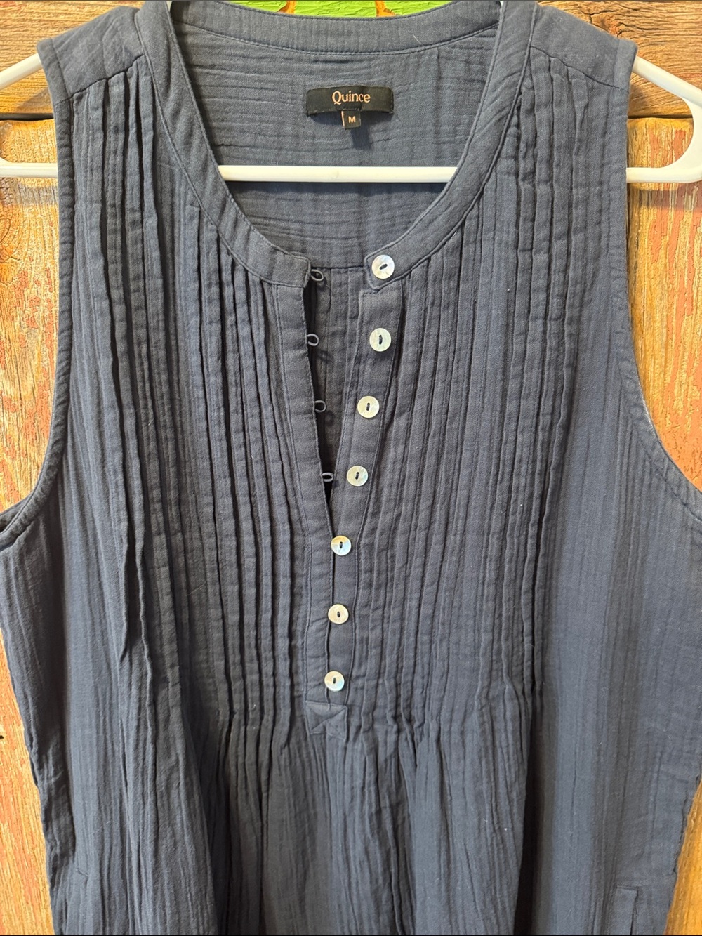 Quince Navy organic Cotton Sleeveless Pintuck Button-Front Dress medium - Picture 9 of 17